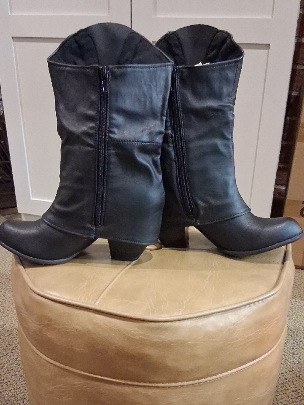 Cupid Black Mid-Calf Wedge Zip Boots Western Biker - Picture 7 of 10